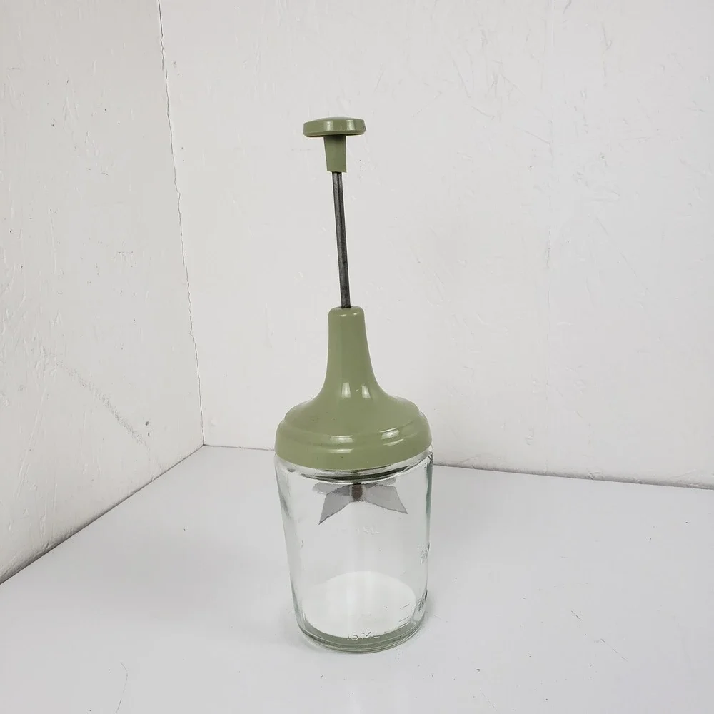 Vintage Manual Nut Food Chopper Glass Jar Stainless Blades Avocado Green 1.5 Cup